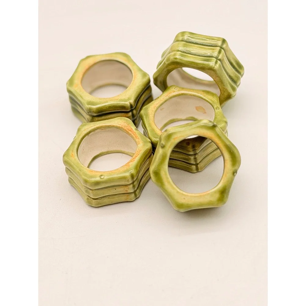 Vintage Green Faux Bamboo Ceramic Napkin Rings Set  5 Hexagon Chinoiserie Glazed